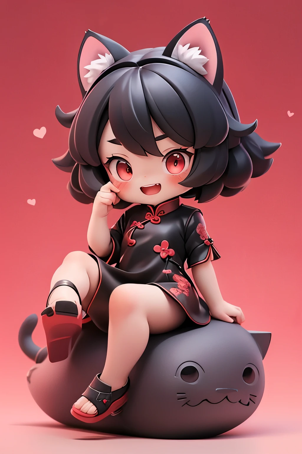 Matte blind box，((Red cheongsam))，Simple background，best quality,Cat ears,Clear fingers,(Red eyes),Black short hair,Aho,(cute),laughing out loud,Tiger Teeth
