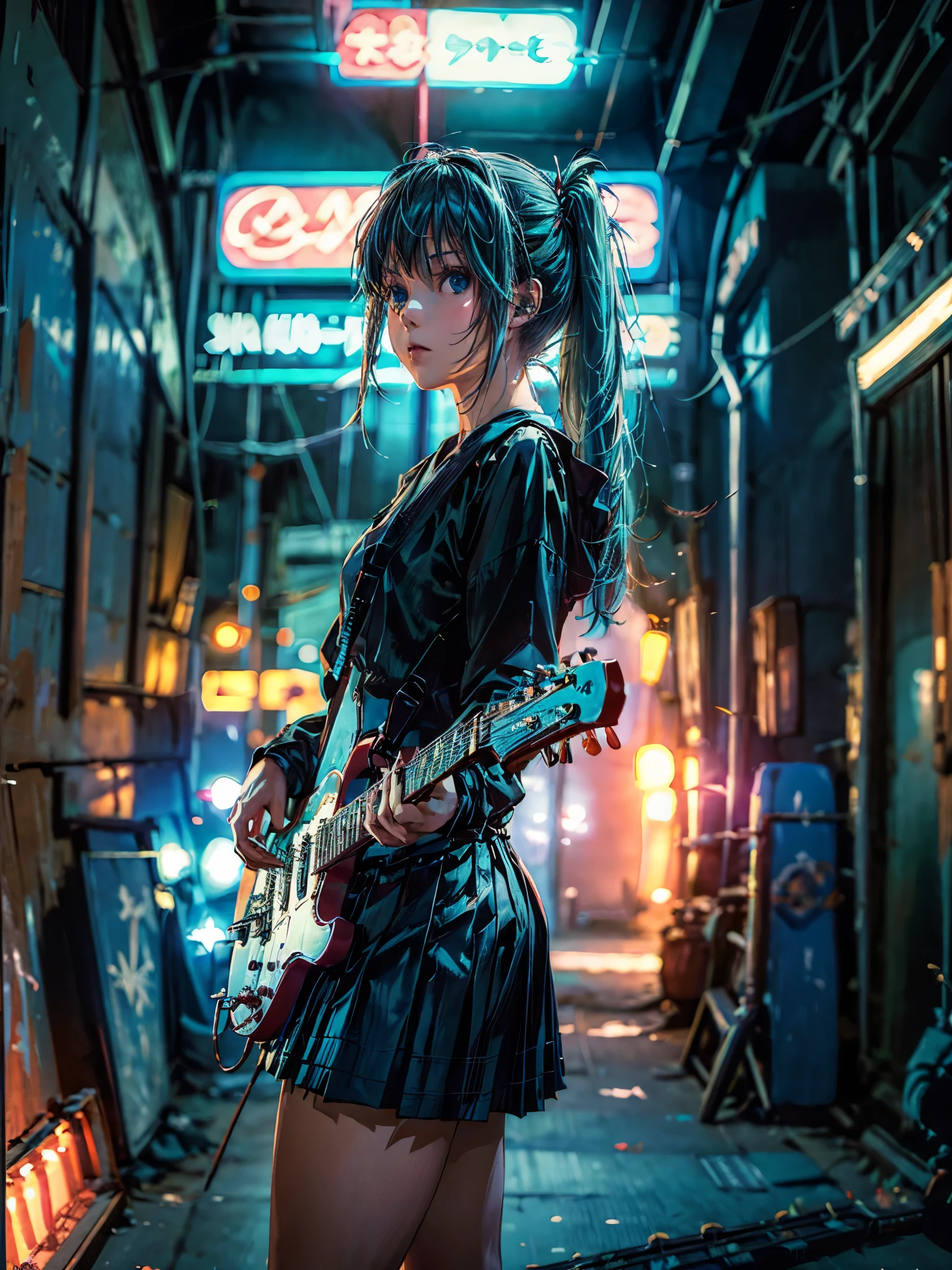 ((masterpiece, highest quality))One girl, alone, Black Dress, blue eyes, electric guitar, guitar, Headphones, ponytail, Holding, Holding plectrum, musical instrument, Long Hair, music, One side up, Turquoise Hair, Twin tails, guitarを弾く, Pleated skirt, Black Shirt, interior, neon