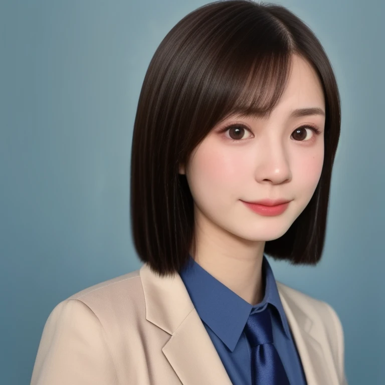 (kawaii 24 year-old Japanese girl, Nogizaka idol, Korean idol), (glossy brown hair, very short hair, forehead), (beautiful black eyes, rounded face, narrow shoulders, single eyelid, no makeup, no expression), (wearing suit jacket, collared shirt, necktie:1.3), extra small breasts, BREAK, (simple light blue background), (view from forward, bust shot, upper body shot, id photo), BREAK, (masterpiece, best quality, photo realistic, official art:1.4), (UHD, 8K quality wallpaper, high resolution, raw photo, golden ratio:1.3), (shiny skin), professional lighting, physically based rendering, award winning, (highly detailed skin, extremely detailed face and eyes), Carl Zeiss 85 mm F/1.4, depth of field, (1girl, solo),