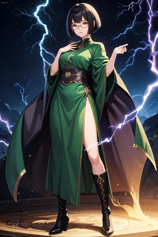 Anime drawings、Full body portrait、Fantasy world characters、A female wizard, around 155cm tall and around 17 years old, wearing a dark green robe and a long skirt, emitting lightning from her hands.、Curly short black hair、Crying face、Glasses、gloves、boots