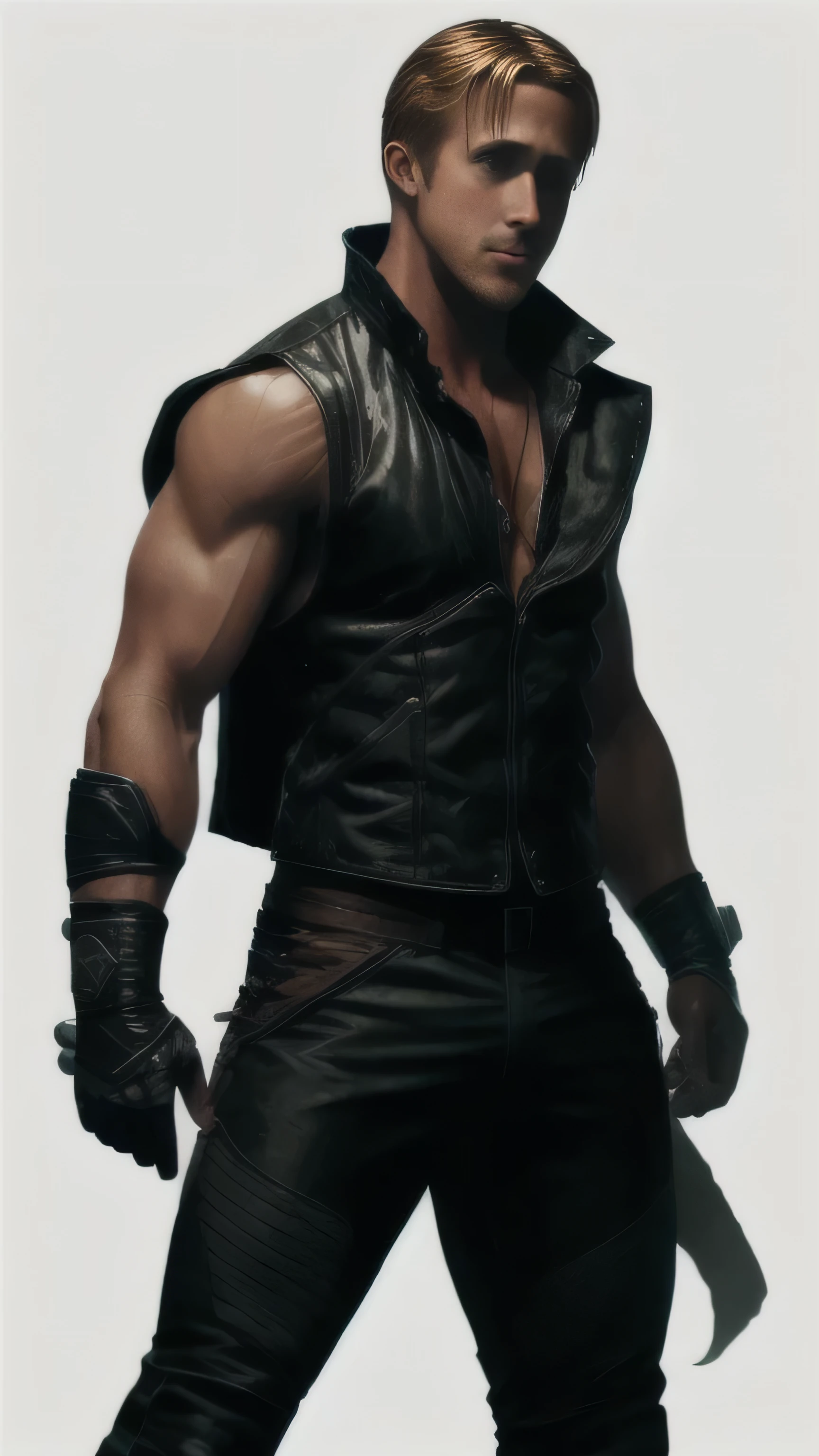 (Ryan Gosling) as Kobra from Mortal Kombat, long hair, white sleeveless vest, white fingerless gloves, black ninja pants, black ninja shoes, 1man, solo, full body view, front view, looking at viewer, intricate, high detail, sharp focus, dramatic, photorealistic painting art by greg rutkowski