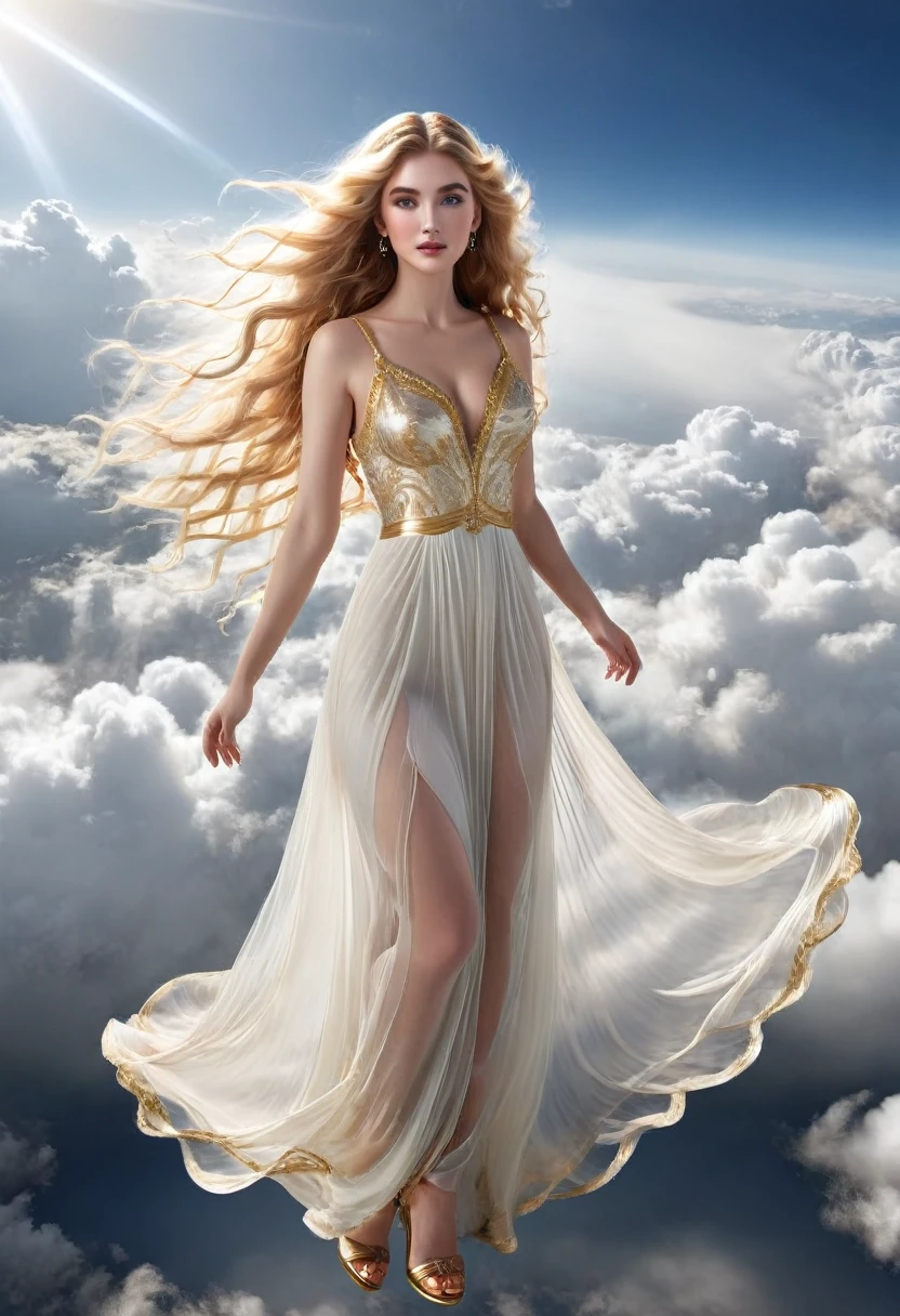 (best quality)), ((masterpiece)), (detailed), perfect face Aphrodite, seductive, unreal engine, hyper realistic, ultra detailed, vintage style, perfect model, floating in the air, above the clouds, waist long hair, golden hair, wavy hair, glorious transparent long dress, shiny skin, UHD, hyper realistic, ultra detailed