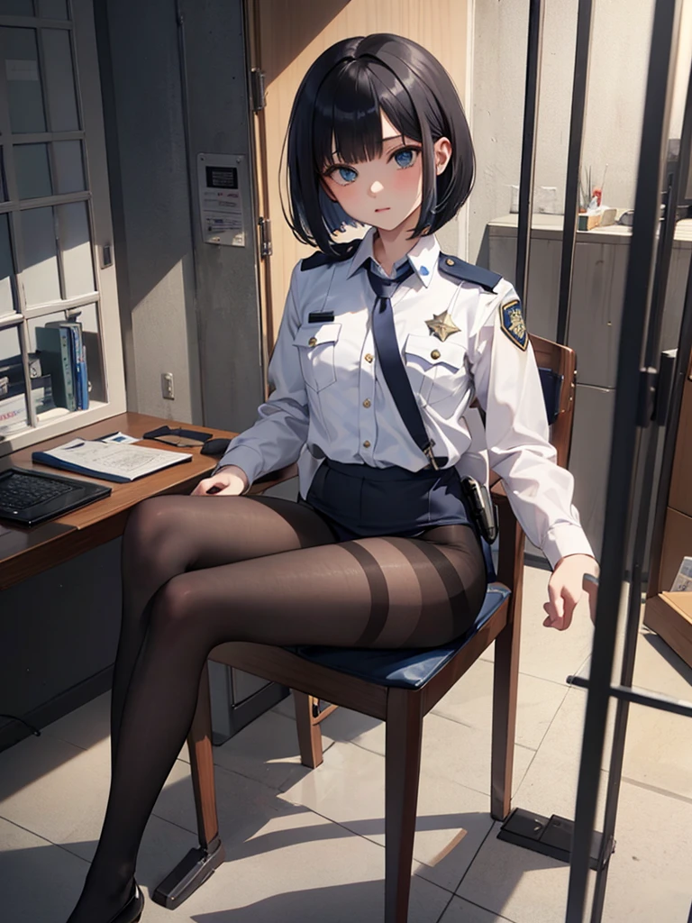 masterpiece, best quality, 1 girl, solo, 18 years old, small breasts, Perfect Face, beautiful, bob cut, police uniform, prison cell, black pantyhose,looking through legs, seat on chair