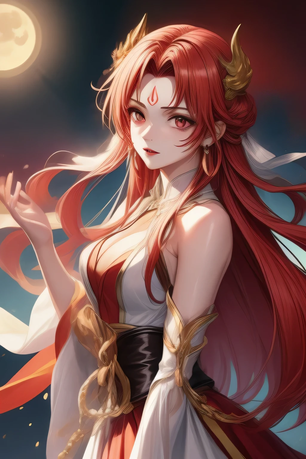 girl, young and beautiful, Tall and beautiful, fair face, Perfect features, Tall and beautiful, White skin, Good shape, heroic, heroic, Wearing Chinese armor, Female general, Chinese landscape background, Standing on the top of the mountain, 500 years ago, starry night, Practical, detailed, 8K, Mix 4,   Red_skirt,Starry Sky, fire, Red hair, Solitary, Hair accessories, long hair, Red eyes, Jewelry, earrings, skirt, Bare shoulders, Red lips, Upper Body, White background, Facial Tagging, new moon, lipstick, Forehead Mark, looking at the audience