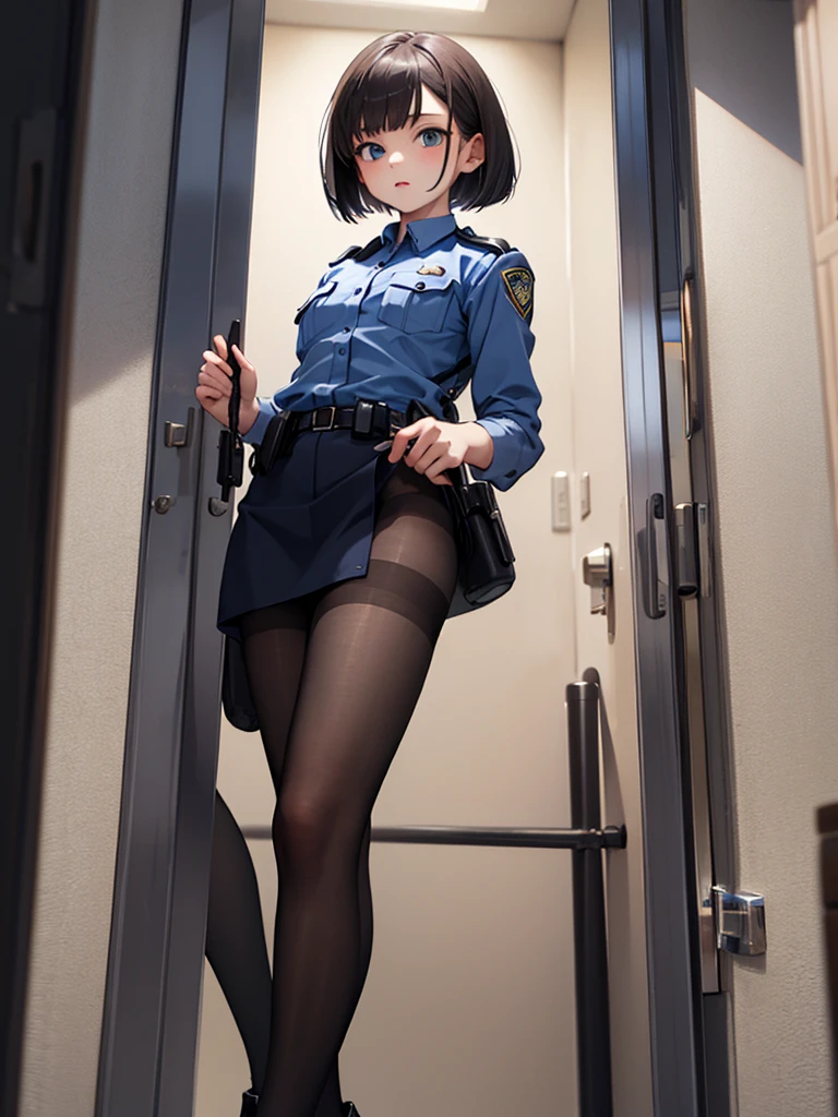 masterpiece, best quality, 1 girl, solo, 18 years old, small breasts, Perfect Face, beautiful, bob cut, police uniform, prison cell, black pantyhose,looking through legs,