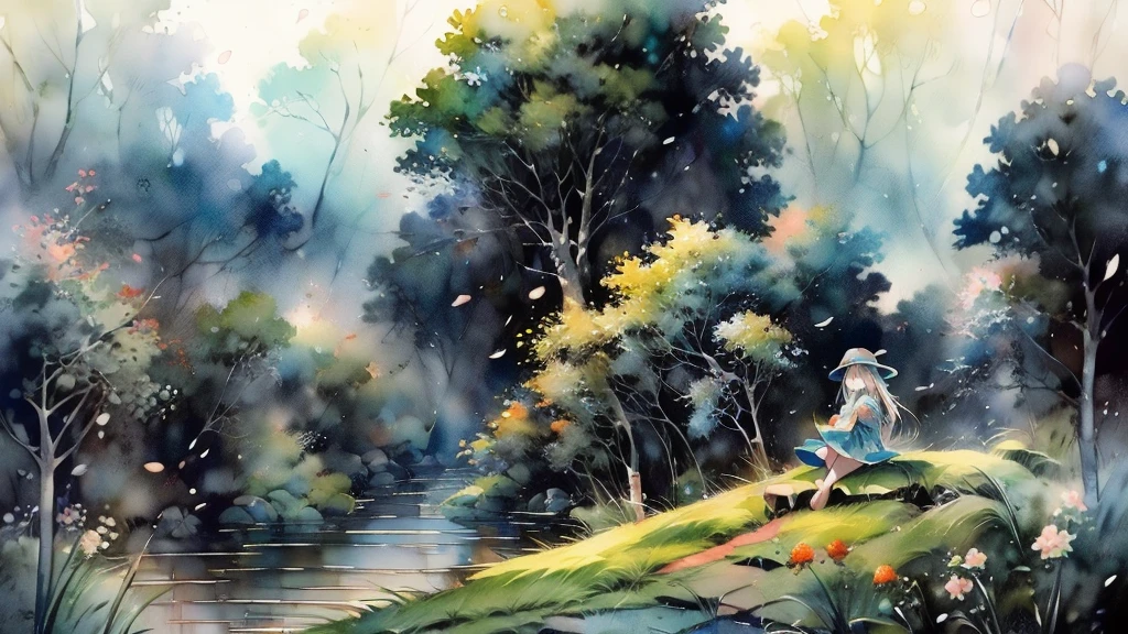 a beautiful pastoral landscape, a girl sitting in a field, detailed watercolor painting, lush green meadow, rolling hills, soft natural lighting, vibrant colors, detailed foliage, delicate flower petals, serene atmosphere, gentle breeze, intricate brushstrokes, fine art quality, photorealistic, (best quality,4k,8k,highres,masterpiece:1.2),ultra-detailed,(realistic,photorealistic,photo-realistic:1.37),landscape,painting