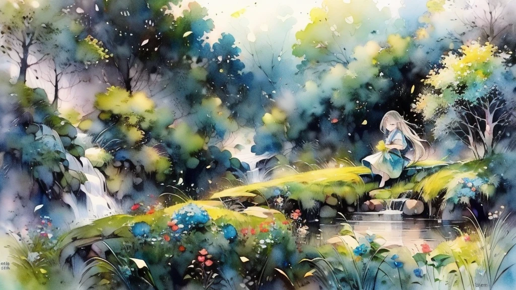 a beautiful pastoral paisagem, uma menina sentada num campo, detailed watercolor pintura, prado verde exuberante, Colinas, iluminação natural suave, cores vibrantes, folhagem detalhada, delicadas pétalas de flores, atmosfera serena, Brisa suave, pinceladas complexas, qualidade de arte, photorealista, (melhor qualidade,4K,8K,alta resolução,obra de arte:1.2),Ultra-detalhado,(realista,photorealista,photo-realista:1.37),paisagem,pintura