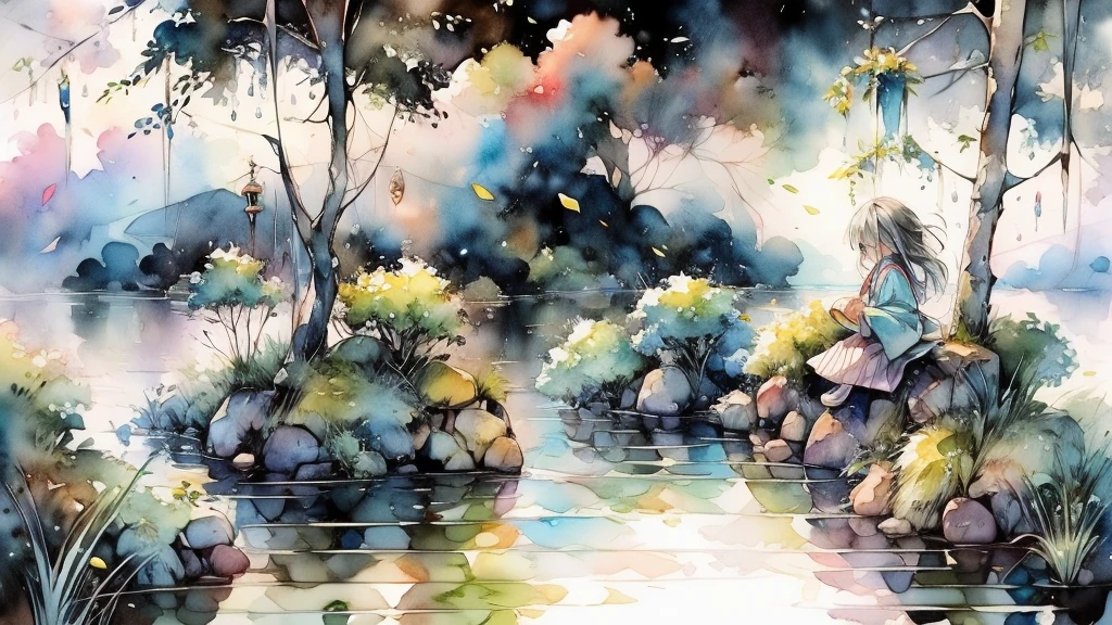 Watercolor landscape、Beautiful countryside、The girl is sitting