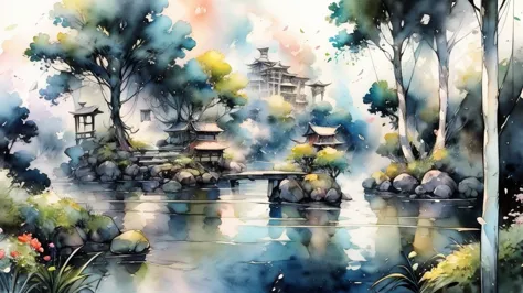 watercolor landscape、beautiful countryside、the girl is sitting