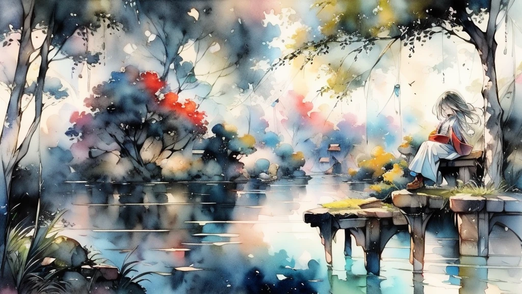 Watercolor landscape、Beautiful countryside、The girl is sitting