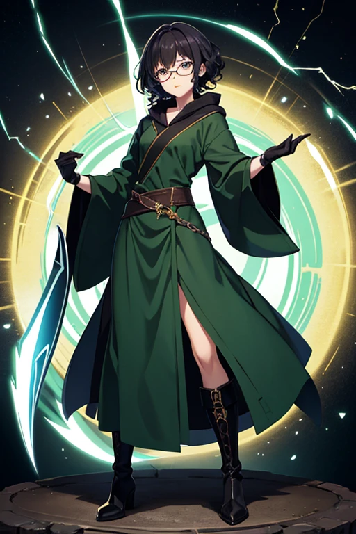 Anime drawings、Full body portrait、Fantasy world characters、A female wizard, around 155cm tall and around 17 years old, wearing a dark green robe and a long skirt, emitting lightning from her hands.、Curly short black hair、Crying face、Glasses、gloves、boots