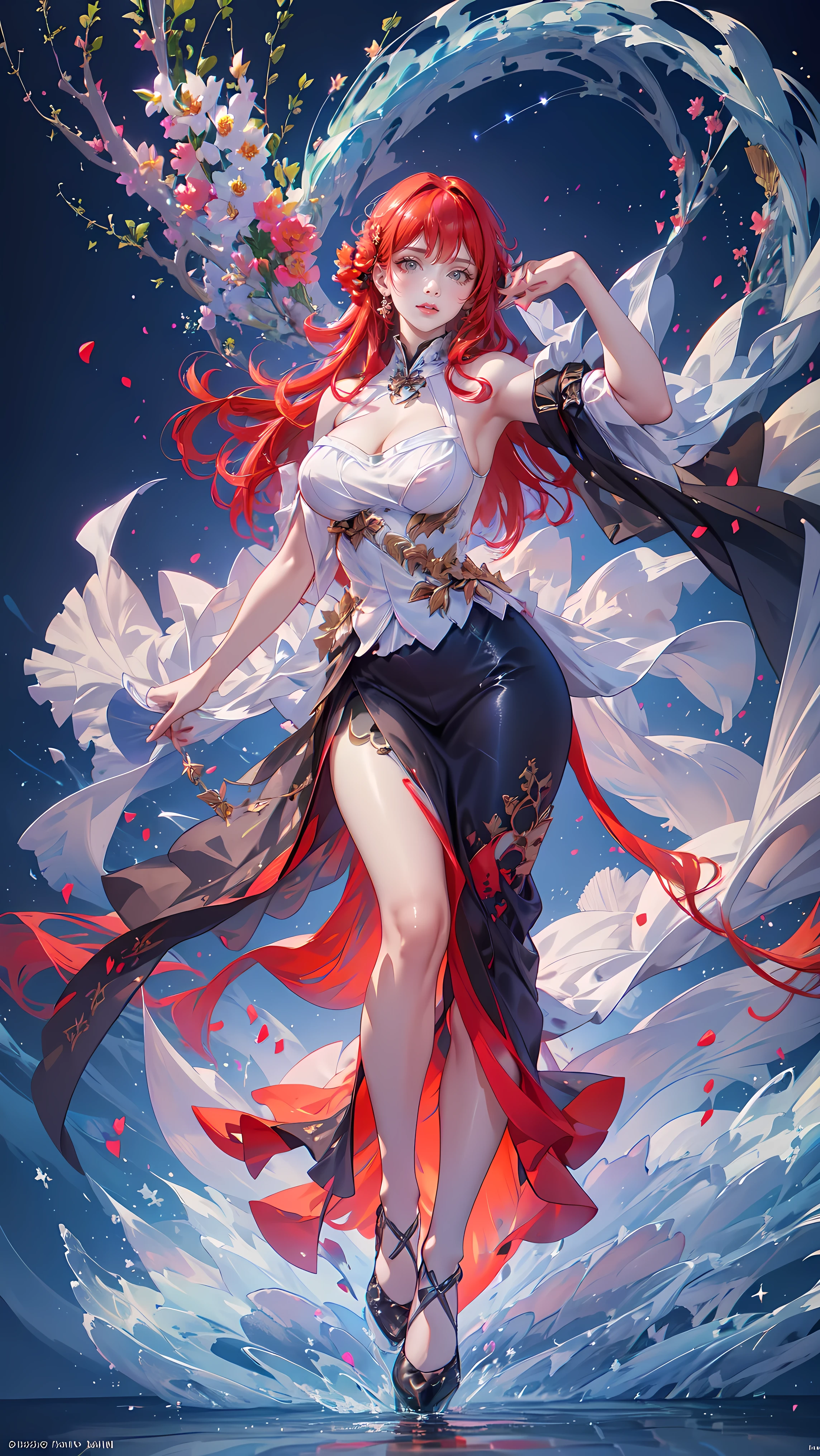 (((FULL BODY POSE))) (((SHOW PANTIES))) (((BIG GIANT BOOBS))) (((RED HAIR))) ((GOOD FINGER, ANATOMY CORRECTED)) (((RED LONG LUXURY ARISTOCRATIC NOBLE COSTUME WITH FLOWER BROCHS))) | A WOMEN WEAR ((SEXY OUTFIT)) FLOATING IN THE WATER ((BLUE SKY BACKGROUND)) ((FLOWER PETALS FAILING BACKGROUND IS A BLUE SKY)))) HORIZON PLANET FULL OF (((STARS))) | big eyes, ((big boobs)) sexy pose, big thigh, full body, large breasts, open legs, show panties, smile, portrait knights of zodiac, extremely detailed ((pixiv arts)), high detailed official artwork, [ tarot card ]!!!!!, detailed key anime art, knights of zodiac anime, beautiful celestial mage, firefly from honkai star rails, full body | (dynamic angle:1.1), outline, ((thick line art)), cover, stylish, official art, (details:1.2), (fantasy), garden, (bloom:1.1), glow:0.2, shadow, nature, flower, splash water, crystal, snowflakes, particles, bokeh, anamorphic light (depth of field), sharp focus, (volumetric lighting), (bokeh:0.6), film grain:0.4, (soft lighting:1.1) (VIGNETTE:1) | high-quality, ultra-detailed illustrations, ultra-high resolution, (high resolution, overwhelmingly pixel-perfect, luxurious illustration), (Ultra Quality, Masterpiece, Ethereal:1.4) photorealistic:.1.4, UHD (8k, RAW photo, best quality, masterpiece:1.2)