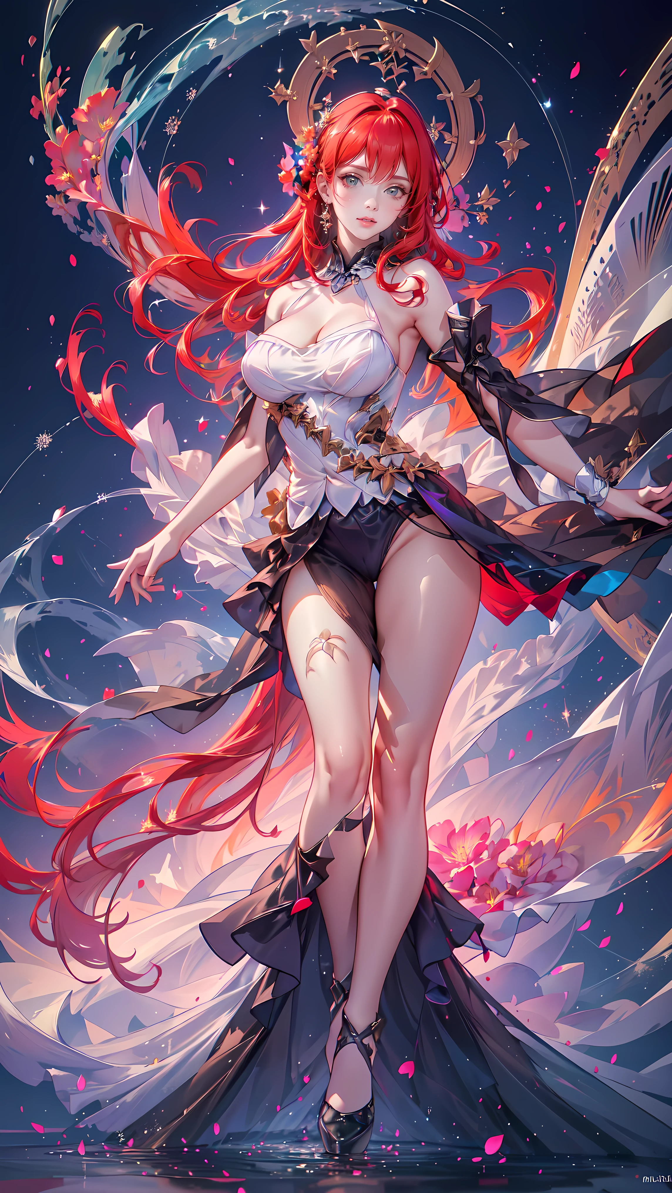 (((FULL BODY POSE))) (((SHOW PANTIES))) (((BIG GIANT BOOBS))) (((RED HAIR))) ((GOOD FINGER, ANATOMY CORRECTED)) (((RED LONG LUXURY ARISTOCRATIC NOBLE COSTUME WITH FLOWER BROCHS))) | A WOMEN WEAR ((SEXY OUTFIT)) FLOATING IN THE WATER ((BLUE SKY BACKGROUND)) ((FLOWER PETALS FAILING BACKGROUND IS A BLUE SKY)))) HORIZON PLANET FULL OF (((STARS))) | big eyes, ((big boobs)) sexy pose, big thigh, full body, large breasts, open legs, show panties, smile, portrait knights of zodiac, extremely detailed ((pixiv arts)), high detailed official artwork, [ tarot card ]!!!!!, detailed key anime art, knights of zodiac anime, beautiful celestial mage, firefly from honkai star rails, full body | (dynamic angle:1.1), outline, ((thick line art)), cover, stylish, official art, (details:1.2), (fantasy), garden, (bloom:1.1), glow:0.2, shadow, nature, flower, splash water, crystal, snowflakes, particles, bokeh, anamorphic light (depth of field), sharp focus, (volumetric lighting), (bokeh:0.6), film grain:0.4, (soft lighting:1.1) (VIGNETTE:1) | high-quality, ultra-detailed illustrations, ultra-high resolution, (high resolution, overwhelmingly pixel-perfect, luxurious illustration), (Ultra Quality, Masterpiece, Ethereal:1.4) photorealistic:.1.4, UHD (8k, RAW photo, best quality, masterpiece:1.2)