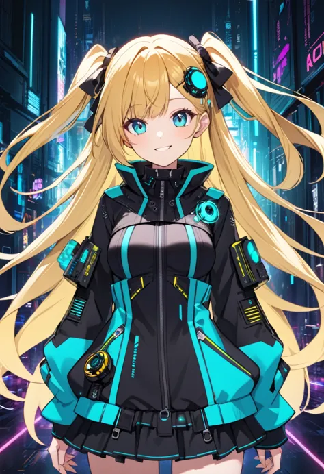 1girl,two side up,long hair,blonde hair,medium breasts,fusion of  gothic lolita and glowing cyberpunk jacket,turquoise eyes,tare...