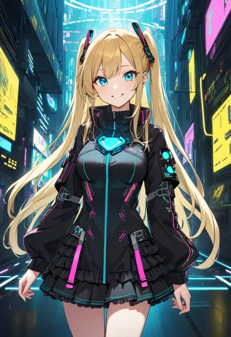 1girl,two side up,long hair,blonde hair,medium breasts,fusion of  gothic lolita and glowing cyberpunk jacket,turquoise eyes,tare...