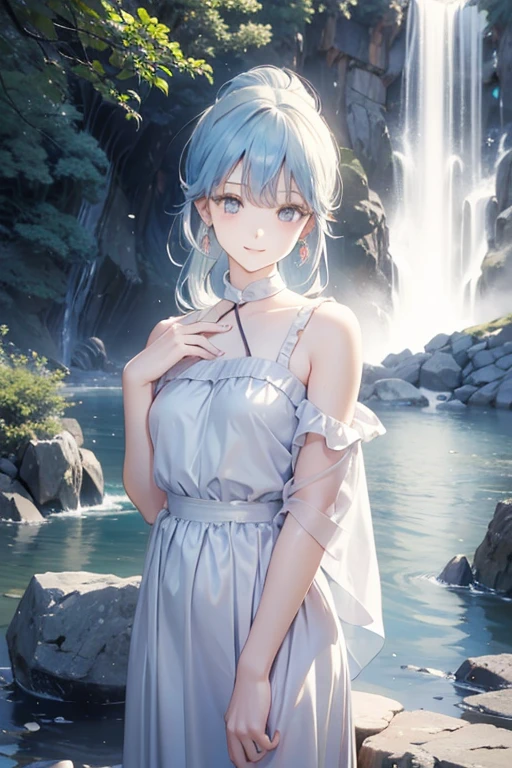 an area of a small lake in a forest area with a few rocks here and there, tree, scenery, waterfallanime women's body pictures 2 anime girls standing together anime girls,sit under the waterfall , meditation position,off shoulder, looking at viewer, blue eyes, smile, jewelry, sleeveless, earrings, upper body, white wet blouse,1 girl long light blue hair, second girl medium pony tail orange hair