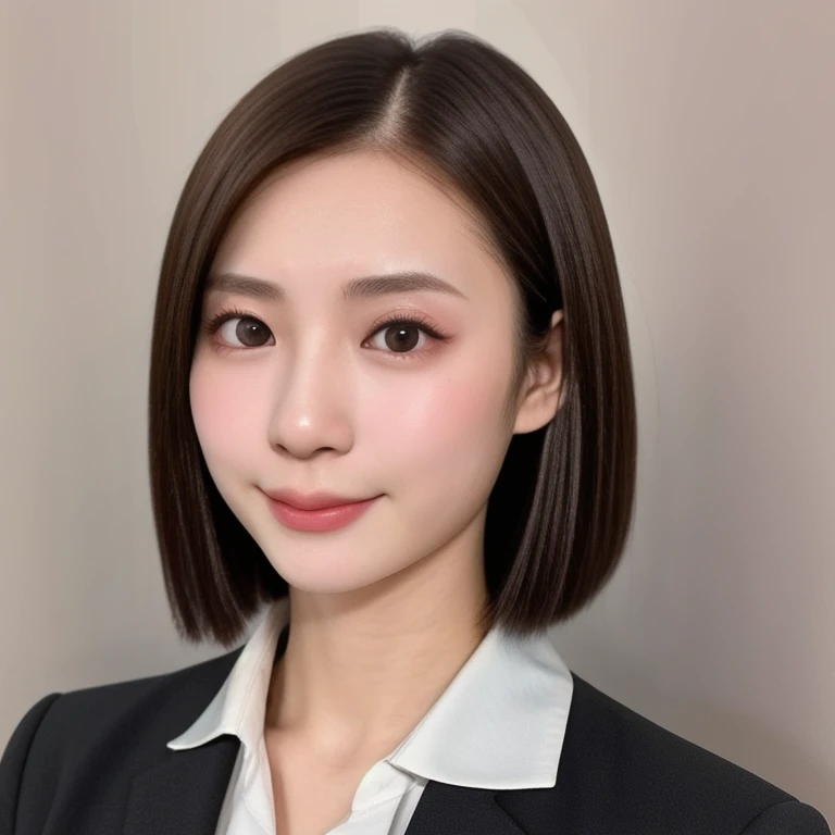 (kawaii 24 year-old Japanese girl, Nogizaka idol, Korean idol), glossy brown hair, (very short hair, forehead:1.2), beautiful black eyes, rounded face, narrow shoulders, single eyelid, no makeup, soft smiling, (suit jacket, collared shirt, necktie), extra small breasts, BREAK, (simple white background:1.2), (view from forward, bust shot, upper body shot, id photo:1.2), BREAK, (masterpiece, best quality, photo realistic, official art:1.4), (UHD, 8K quality wallpaper, high resolution, raw photo, golden ratio:1.3), (shiny skin), professional lighting, physically based rendering, award winning, (highly detailed skin texture, extremely detailed face and eyes textures), Carl Zeiss 85 mm F/1.4, depth of field, (1girl, solo),