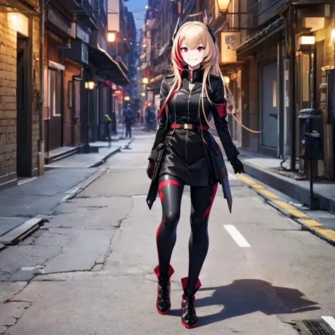 A woman wearing a black uniform with red details, black metal boots, metal gloves, blonde hair, red bangs, red eyes, smiling, fu...