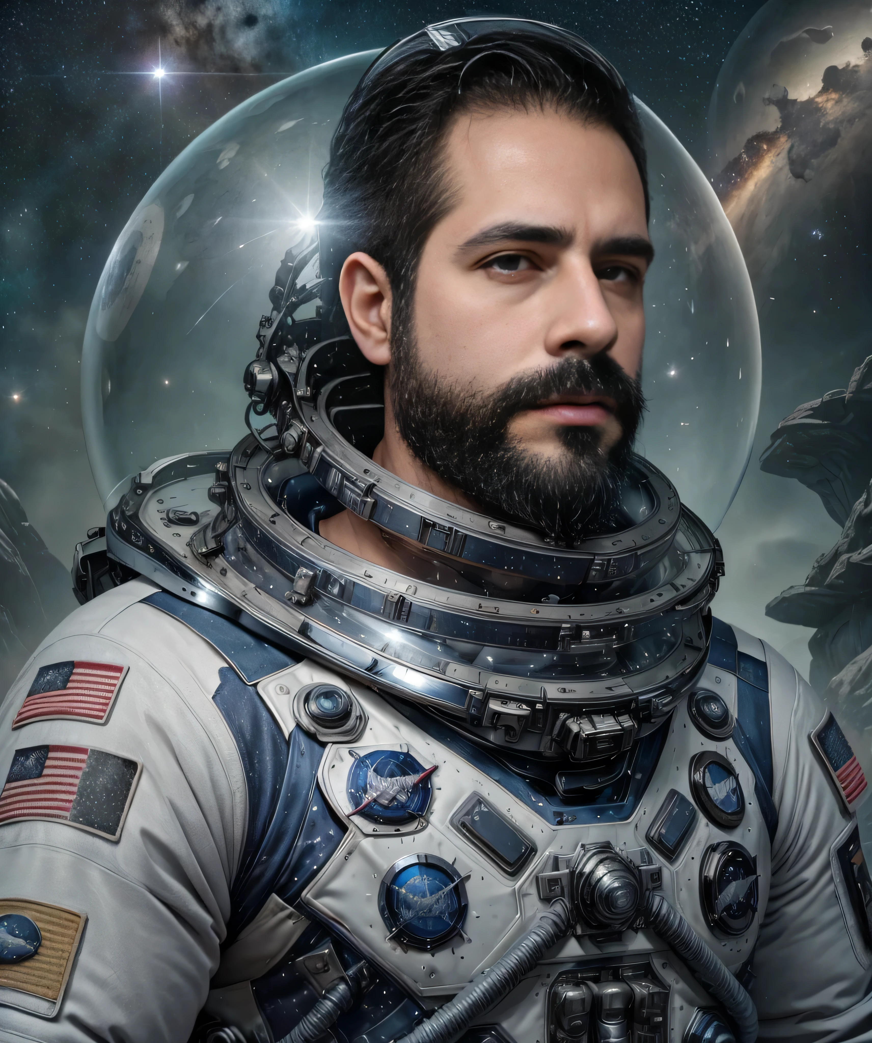 A well-built man with a dark beard and sunglasses, wearing a high-tech space suit with blue and silver details, se encuentra en primer plano. Su figura llena la imagen, highlighting his expression of determination and bravery. Behind him, el vasto espacio exterior se extiende con un fondo de estrellas brillantes y nebulosas coloridas. A lo lejos, se ve una nave espacial futurista con luces parpadeantes y una gran luna o planeta en el horizonte. The man holds a space helmet in his right hand and a communication device in the left, ready to lead a crucial mission in the vastness of the cosmos."