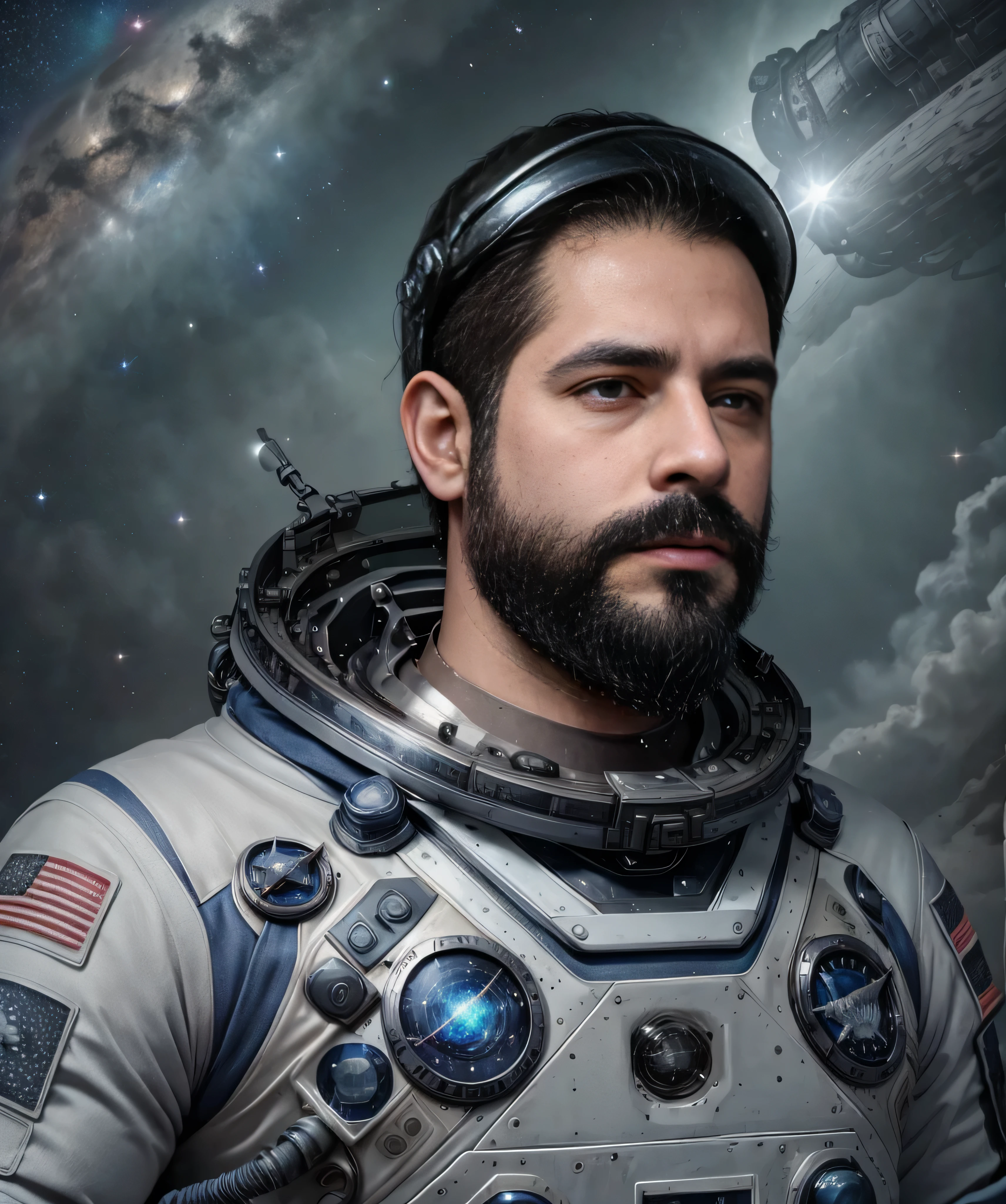 A well-built man with a dark beard and sunglasses, wearing a high-tech space suit with blue and silver details, se encuentra en primer plano. Su figura llena la imagen, highlighting his expression of determination and bravery. Behind him, el vasto espacio exterior se extiende con un fondo de estrellas brillantes y nebulosas coloridas. A lo lejos, se ve una nave espacial futurista con luces parpadeantes y una gran luna o planeta en el horizonte. The man holds a space helmet in his right hand and a communication device in the left, ready to lead a crucial mission in the vastness of the cosmos."