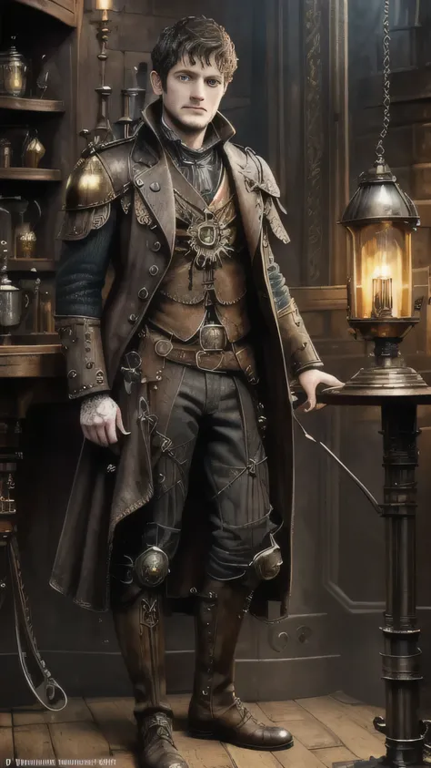 steampunkai, (iwan rheon) as ramsay bolton, black steampunk mantle, steampunk boots, standing, in a steampunk inn, (1man), (solo...