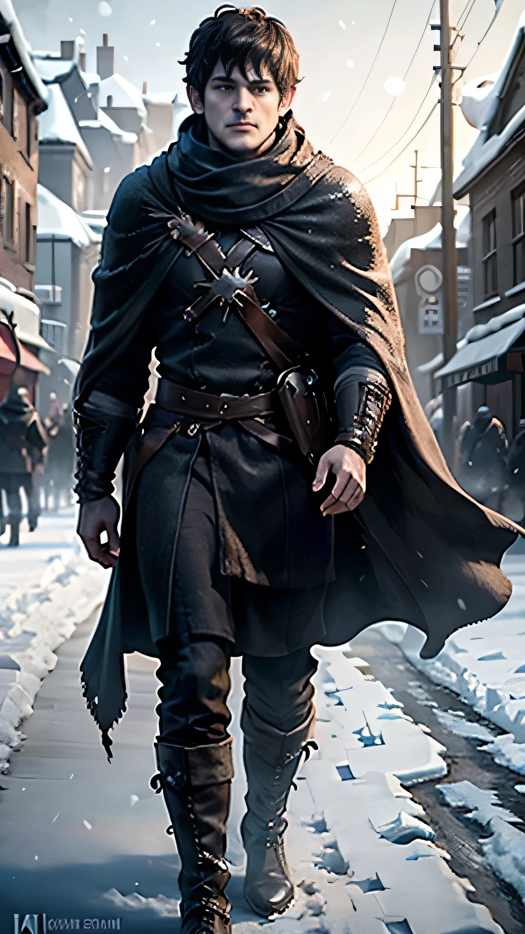 frostpunk, (Iwan Rheon) as Ramsay Bolton, black warm cloak, boots, standing, in a street, cold, winter, snow, (1man), (solo), (full body view), beautiful detailed glow, detailed, cinematic light, intricate detail, realistic, highres, detailed facial features, high detail, sharp focus, smooth, aesthetic, extremely detailed, stamp, octane render