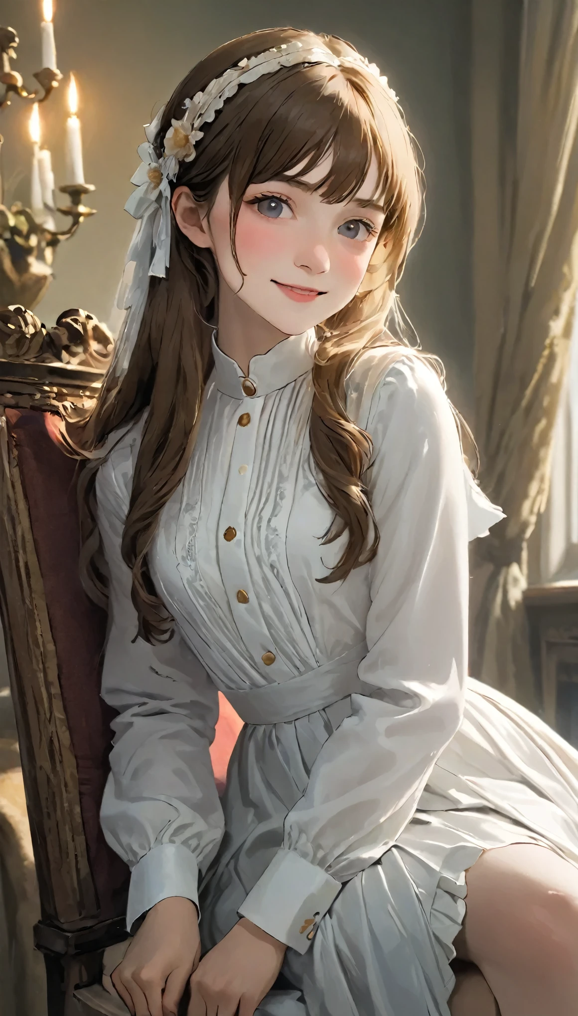 Florence Nightingale, (Trajes de balé), sentado em uma cadeira, Sorrindo para a câmera, camisa formal branca, Botão de colarinho solto, mamilos inchados, longo, cabelo solto, (ilustrações delicadas: 1.4), (Arte renascentista: 1.4), (Resolução ultra-alta: 1.2), (fotorrealismo: 1.4), (8K, Fotos RAW: 1.2), (foco suave: 1.4), ( 18 anos: 1.3), (foco nitído: 1.4), rosto bonito com atenção aos detalhes, rosto rosa puro_v1