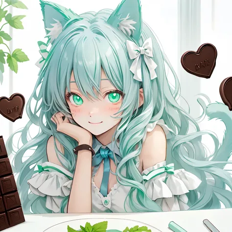 Cat ears with light blue ribbon、mintグリーン、chocolate、mint、Eat a bar of chocolate、smile