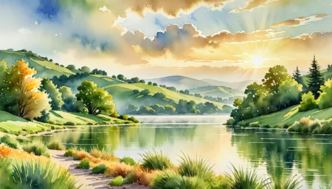 a serene watercolor landscape, rolling green hills, tranquil lake, wispy clouds, warm golden sunlight, lush foliage, detailed te...