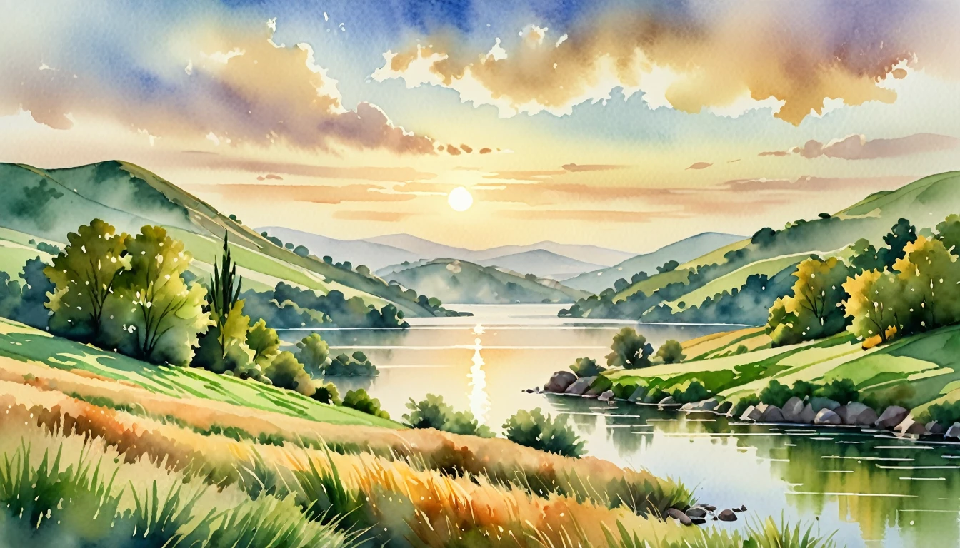 a serene watercolor landscape, rolling green hills, tranquil lake, wispy clouds, warm golden sunlight, lush foliage, detailed textures, soft brushstrokes, muted color palette, atmospheric perspective, (best quality,4k,8k,highres,masterpiece:1.2),ultra-detailed,(realistic,photorealistic,photo-realistic:1.37),landscape,watercolor,natural lighting,mist,soft focus,plein air painting,vibrant colors