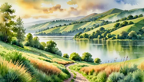 a serene watercolor landscape, rolling green hills, tranquil lake, wispy clouds, warm golden sunlight, lush foliage, detailed te...