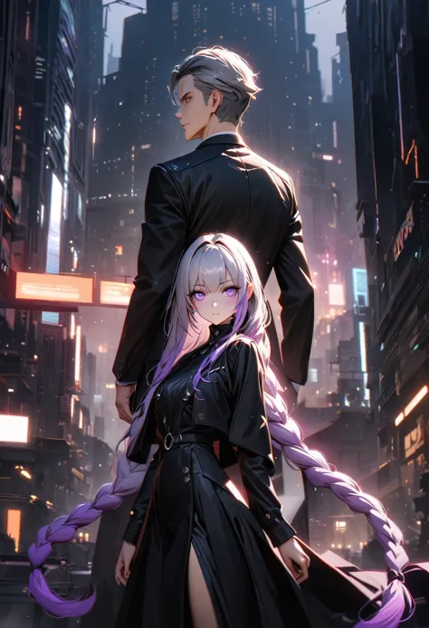 detailed portrait of two secret agent lovers, man and woman standing back-to-back looking at the viewer, yinji , purple hair,pur...