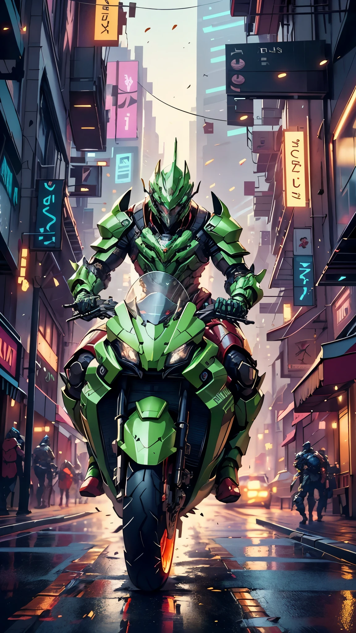 A man wearing a full-face helmet, a fantasy-style biotech armored combat suit, green eyes, (a composite layered chest armor), fully enclosed shoulder guards, matching arm and leg guards, the belt is adorned with exhaust pipes, (the color scheme is primarily black glow with green and red accents), the design balances heavy with agility, a high-tech bio-mecha armor, (Armor Concept Inspired by Cyberpunk motorcycle, stand on the top of a skyscraper in a futuristic sci-fi city), this character embodies a finely crafted fantasy-surreal style armored hero in anime style, exquisite and mature manga art style, (battle damage, element, plasma, energy, the armor glows), ((male:1.5)), metallic, real texture material, dramatic, high definition, best quality, highres, ultra-detailed, ultra-fine painting, extremely delicate, professional, perfect body proportions, golden ratio, anatomically correct, symmetrical face, extremely detailed eyes and face, high quality eyes, creativity, RAW photo, UHD, 32k, Natural light, cinematic lighting, masterpiece-anatomy-perfect, masterpiece:1.5