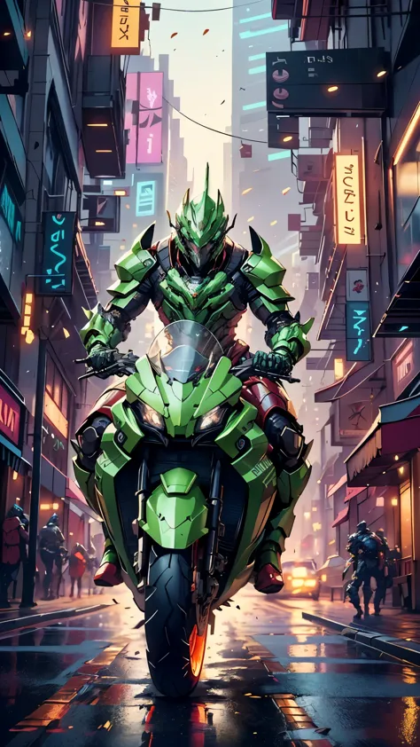A man wearing a full-face helmet, a fantasy-style biotech armored combat suit, green eyes, (a composite layered chest armor), fu...