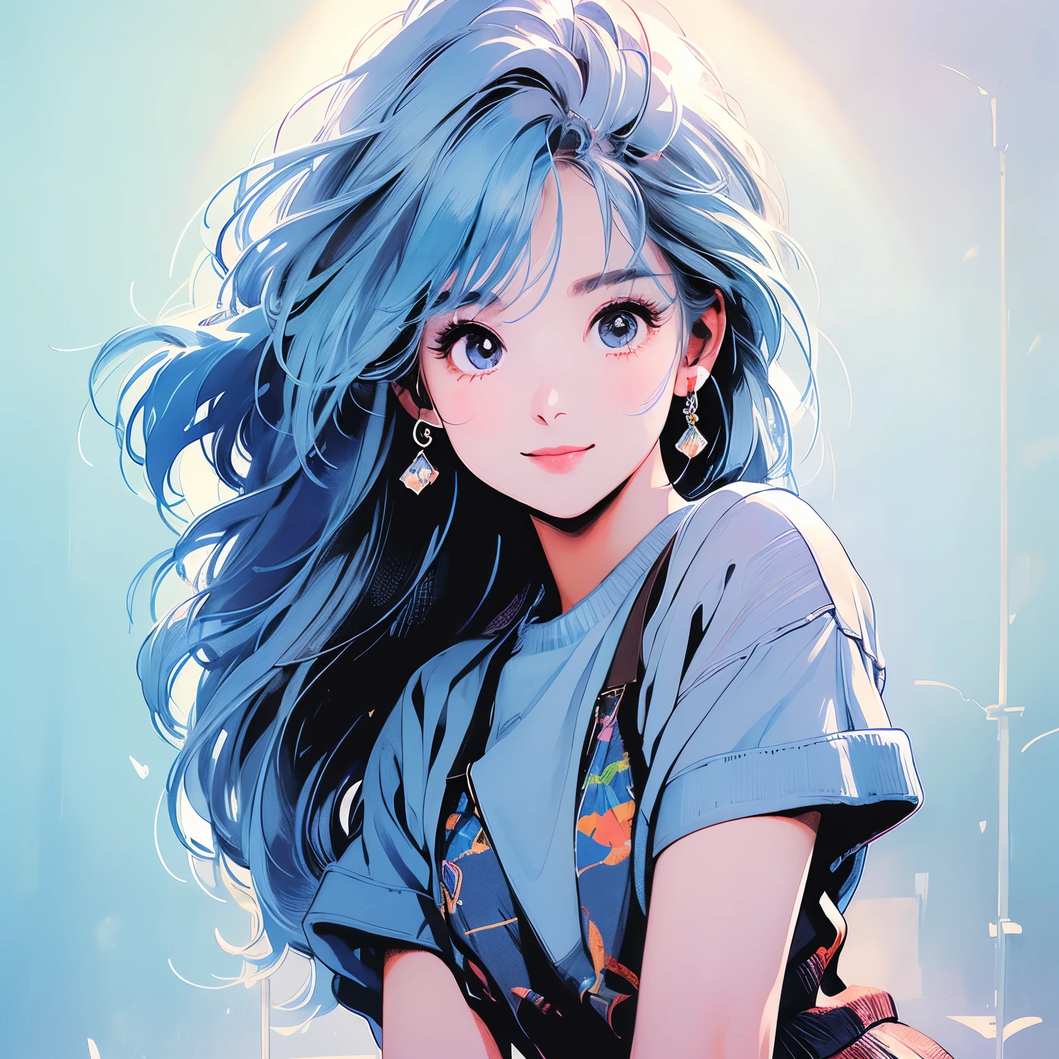 whole body、Beauty、1 female、4k、Short sleeve sweater、pedestrian crossing、Signal 、intersection、Complex background、Detailed Hair、smile、Transparent light blue hair、Faint lighting、Rainbow in the sky