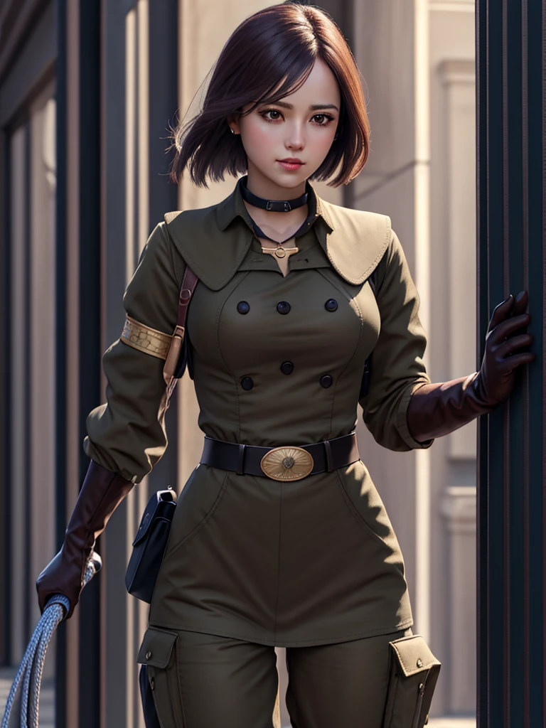 (masterpiece, best quality, high resolution, Unity 8k Wallpaper, Extremely detailed CG:1), (illustration:1.0), 1 Girl,Solitary, whip, Gloves, uniform, army, army ,belt, Necklace, Pants,