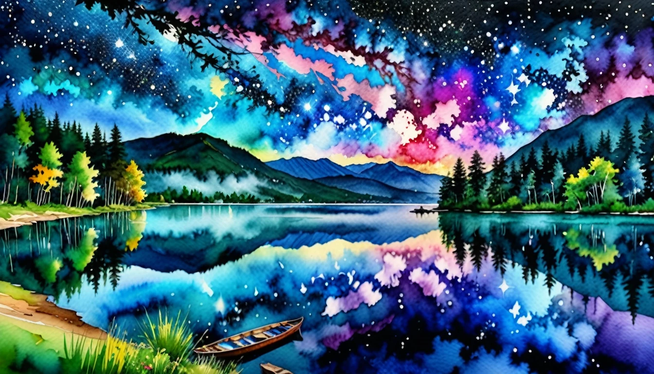 (Hermosa acuarela),Hermosa naturaleza,hermoso lago\((Galaxia muy elaborada y hermosa reflejada.:1.4)\) , BREAK ,calidad\(8k,fondo de pantalla de una unidad CG extremadamente detallada, ​obra maestra,alta resolución,top-calidad,top-calidad real texture skin,hiperrealista,aumentar la resolución,Fotos CRUDAS,la mejor calidad,muy detallado,el fondo de pantalla\), (desde arriba:1.4)