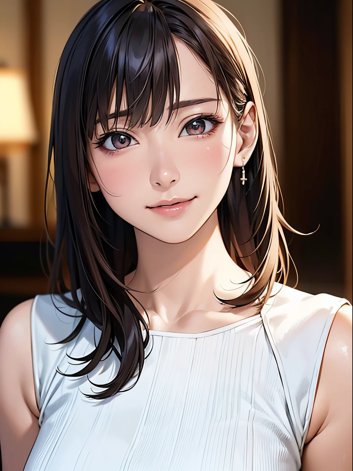 1 Japanese girl, (RAW Photos, highest quality), (Realistic, Realistic:1.4), Tabletop, Very delicate and beautiful, Very detailed, 8k wallpaper, wonderful, In detail, Very detailedなCG Unity, High resolution, Soft Light, Beautiful details 19 years old, Very detailedな目と顔, Beautiful and sophisticated nose, Beautiful details,Cinema Lighting,Perfect Anatomy,Slender body,smile  (Asymmetrical bangs), Beautiful illustrations, (Natural Side Lighting, Cinema Lighting), (Perfect Anatomy:1.4), Cute and symmetrical face, White skin, Shiny skin, (Casual Fashion)