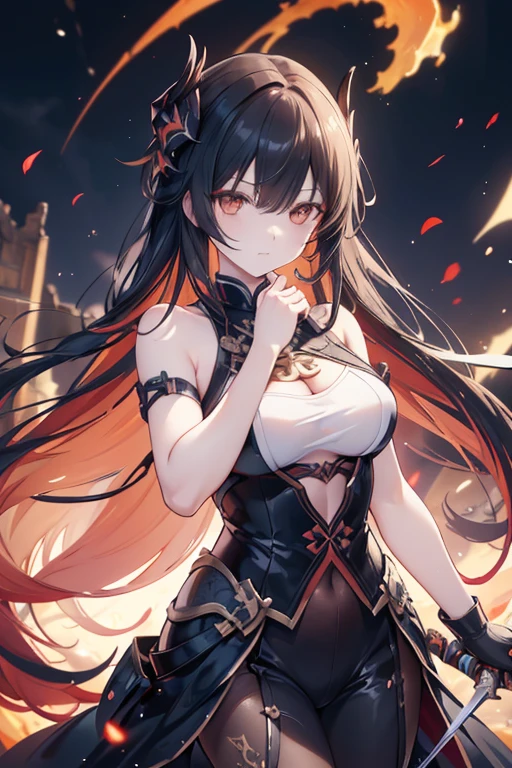 ((solo)), (woman), dark orange eyes, black hair, very long hair, messy hair, dark orange colored inner, hair a close up of a person with a sword in a desolate land surrounded by demons and monsters, a burning field, detailed key anime art, honkai star trail character, casimir art, masamune shiro, masamune, handsome guy in demon slayer art, genshin, heise jinyao, shadowverse style, (no logos), hell, black powers, infernal scenery, detailed clothes, eye reflection, depth of field, cinematic lighting, ray tracing, depth of field, cinematic lighting, ray tracing, UHD, high details, best quality, highres, high quality, award winning, super detail, masterpiece, 8k, UHD, high details, best quality, highres, high quality, award winning, super detail, masterpiece, 8k
