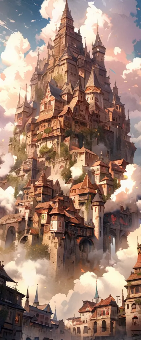 (very beautiful elaborate watercolors), very beautiful ancient castles floating above beautiful celestial clouds, numerous slums...