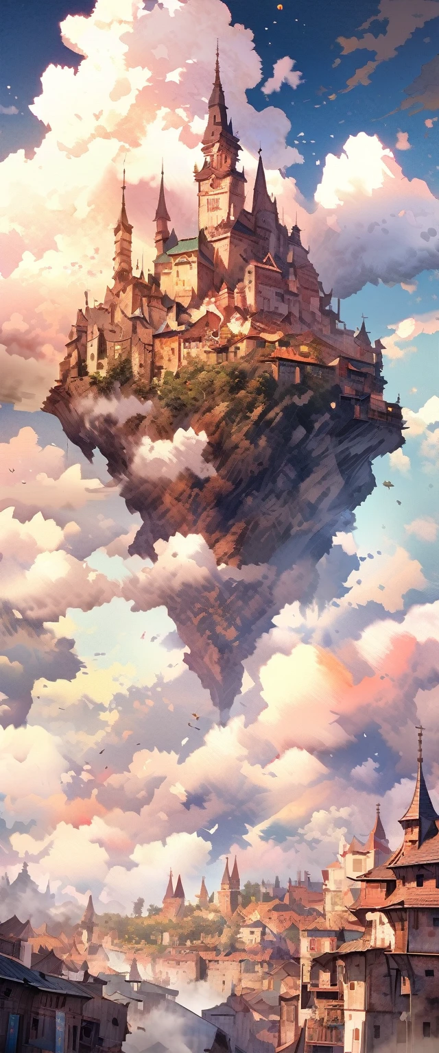 (very beautiful elaborate watercolors), very beautiful ancient castles (floating above beautiful celestial clouds:1.3), numerous slums smoke and dust on the ground, BREAK ,quality\(8k,wallpaper of extremely detailed CG unit, ​masterpiece,hight resolution,top-quality,top-quality real texture skin,hyper realisitic,increase the resolution,RAW photos,best qualtiy,highly detailed,the wallpaper\)