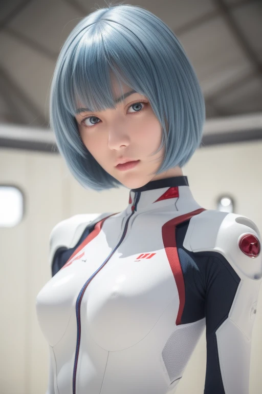 (Meisterwerk:1.2), höchste Qualität, (schöne Details:1.6), Detailfotos, (perfekte Hände, genaue Anatomie), Natürliches Licht, 
rei ayanami, Evangelion, Eine Frau, Ein trauriger Ausdruck, Blick in die Ferne, Cyanfarbenes Haar, Sanftes Haar, feines Haar, Kurzes Haar, (Ihre Augen sind purpurrot:1.6), 
Body, Kopfbedeckung in links und rechts unterteilt, Halbelliptische Kopfschnittstelle, Körperumhüllender Plug-Anzug, Einfacher Steckeranzug, The Body is pure white, 
Im Hangar, 大きなIm Hangar, 