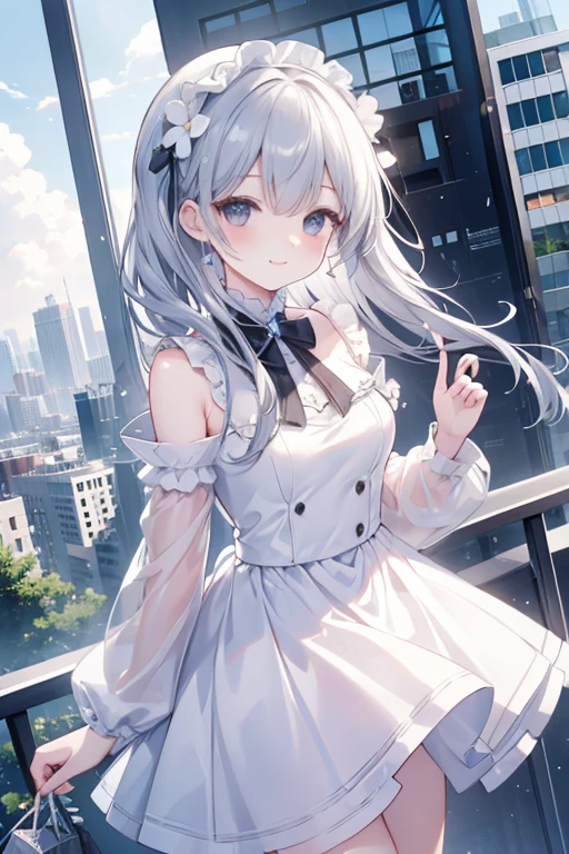 （Pretty sister:1.3）、happy face,spring atmosphere、skyscraper、((roof of the building))、suit figure、gray hair、Super detailed