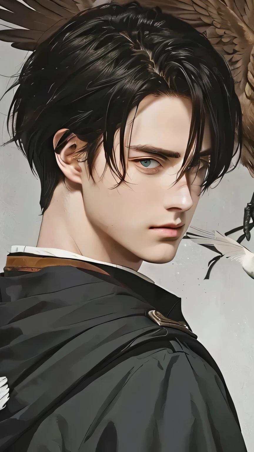 Handsome image of a man with a bird on his shoulder, levi ackerman, portrait of eren yeager, eren yeager, 4K