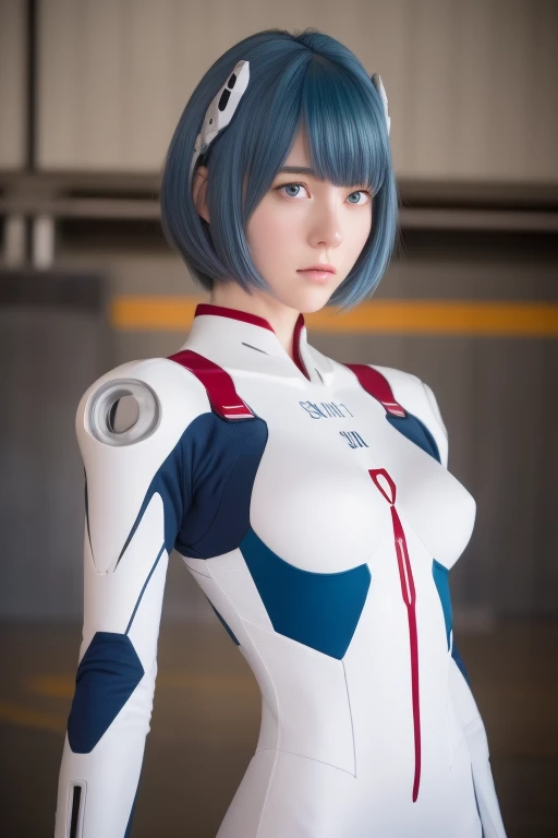 (Meisterwerk:1.2), höchste Qualität, (schöne Details:1.6), Detailfotos, (perfekte Hände, genaue Anatomie), Natürliches Licht, 
rei ayanami, Evangelion, Eine Frau, Ein trauriger Ausdruck, Blick in die Ferne, Cyanfarbenes Haar, Sanftes Haar, feines Haar, Kurzes Haar, (Ihre Augen sind purpurrot:1.6), 
Body, Kopfbedeckung in links und rechts unterteilt, Halbelliptische Kopfschnittstelle, Kompletter Steckeranzug, Einfacher Steckeranzug, The Body is pure white, 
Im Hangar, 大きなIm Hangar, 