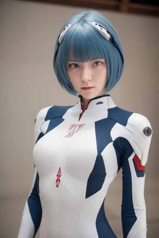 (Meisterwerk:1.2), höchste Qualität, (schöne Details:1.6), Detailfotos, (perfekte Hände, genaue Anatomie), Natürliches Licht, 
rei ayanami, Evangelion, Eine Frau, Ein trauriger Ausdruck, Blick in die Ferne, Cyanfarbenes Haar, Sanftes Haar, feines Haar, Kurzes Haar, (Ihre Augen sind purpurrot:1.6), 
Body, Kopfbedeckung in links und rechts unterteilt, Halbelliptische Kopfschnittstelle, Kompletter Steckeranzug, Einfacher Steckeranzug, The Body is pure white, 
Im Hangar, 大きなIm Hangar, 