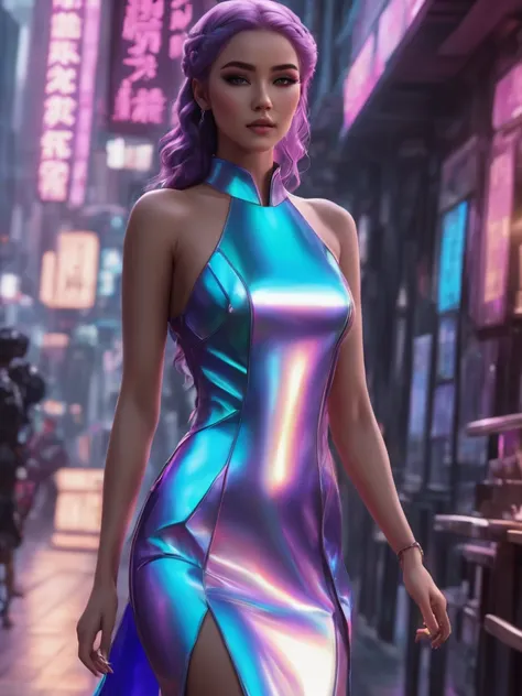 neonpunk style beautiful woman wearing an iridescent shift dress, wood carving workshop, supine, . cyberpunk, vaporwave, neon, v...