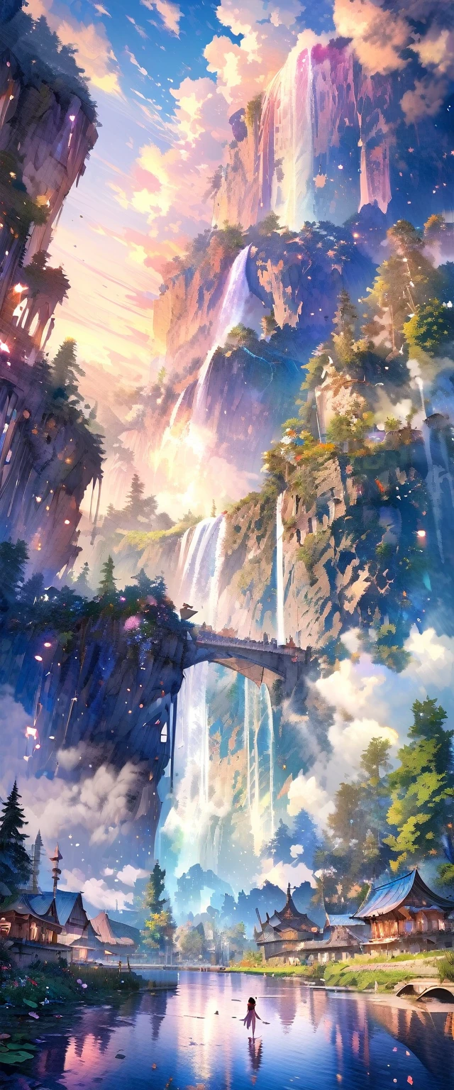 (very beautiful elaborate watercolors),beautiful nature,beautiful lake\((very elaborate and beautiful galaxy reflected:1.4)\),waterfalls,fantasy,some fairies,beautiful sky, BREAK ,quality\(8k,wallpaper of extremely detailed CG unit, ​masterpiece,hight resolution,top-quality,top-quality real texture skin,hyper realisitic,increase the resolution,RAW photos,best qualtiy,highly detailed,the wallpaper\)