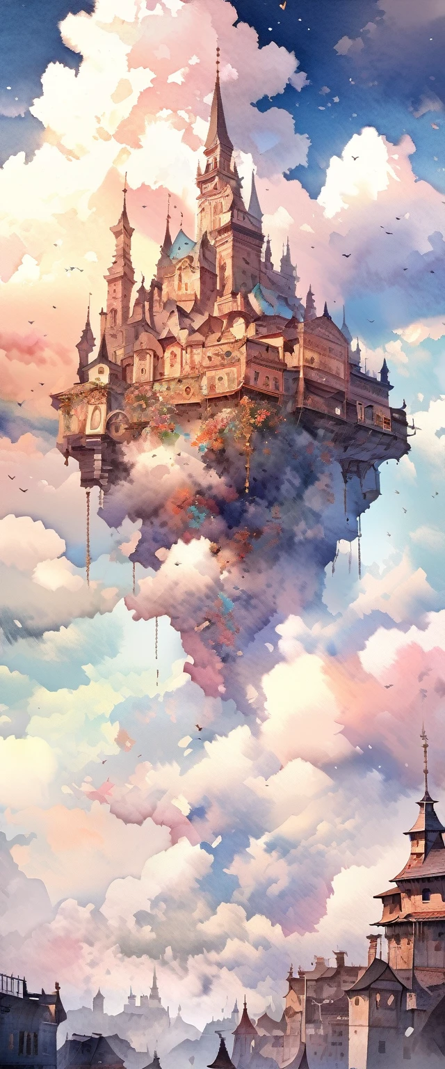 (very beautiful elaborate watercolors:1.4), very beautiful ancient castles (floating above beautiful celestial clouds:1.3), numerous slums smoke and dust on the ground, BREAK ,quality\(8k,wallpaper of extremely detailed CG unit, ​masterpiece,hight resolution,top-quality,top-quality real texture skin,hyper realisitic,increase the resolution,RAW photos,best qualtiy,highly detailed,the wallpaper\)