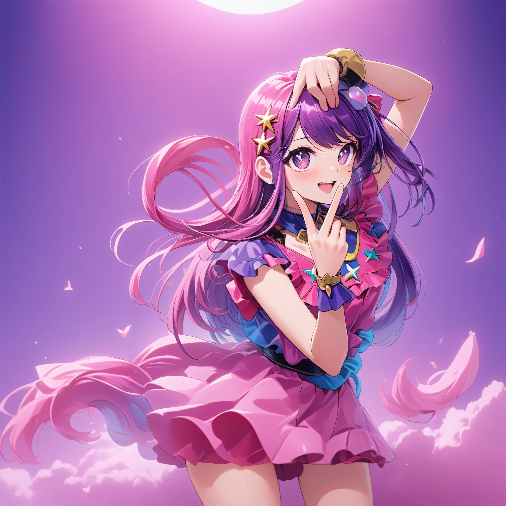 One girl,キャラ全体像whole body、whole body、Waist-high cowboy shot、Double peace sign above and below the face、Pink clothes Purple hair、Ai Hoshino、My Favorite ,Pink costume i go, Double peace sign above and below the face、Costumes, alone,smile,Pink atmosphere oshinokoparody, Open your mouth,Double V, Upper Body, masterpiece, highest quality, Super detailed, High resolution,4K,(Very detailed:1.4) (figure:0.5), (Ray Tracing,:0.8),(Anime Color:0.7),(AI-generated:0.2),